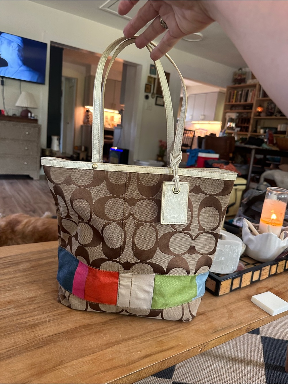 Y2K Coach Brown Signature colorblock Canvas Tote tags11x15 marks wear to bottom